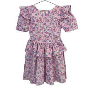 Vintage 80s/90s Floral Party Dress Girls L Pink Ruffle Easter Wedding Girly EUC
